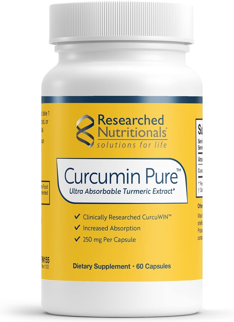 Researched Nutritionals Curcumin Pure - Klinik Olarak Araştırmalı Curcumin Extract, 46x More Absorbable Than Traditional Turmeric Extract (60 Vegan Turmeric Capsules)