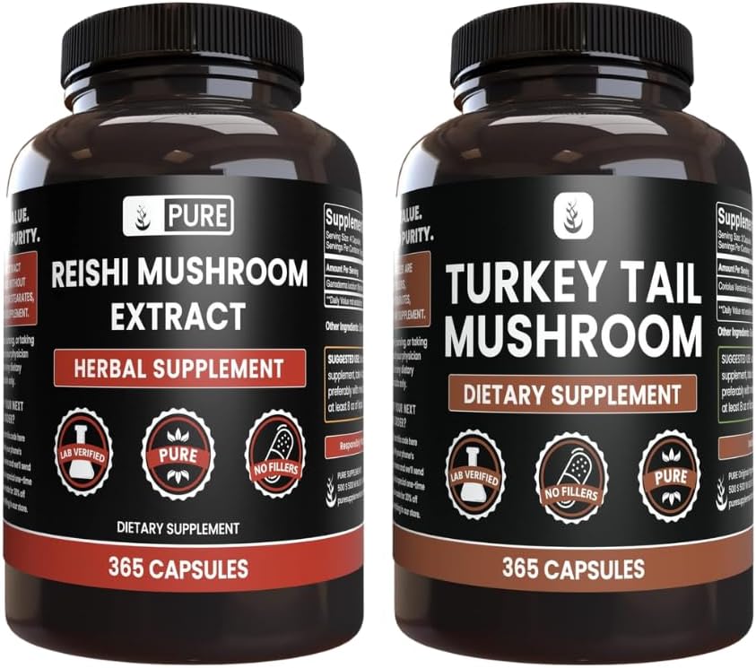 PURE ORIGINAL INGREDIENTS Reishi Mushroom & Türkiye Tail Mushroom Capsule (365 Capsules), Her zaman Pure, Hayır Katkıları veya Girers