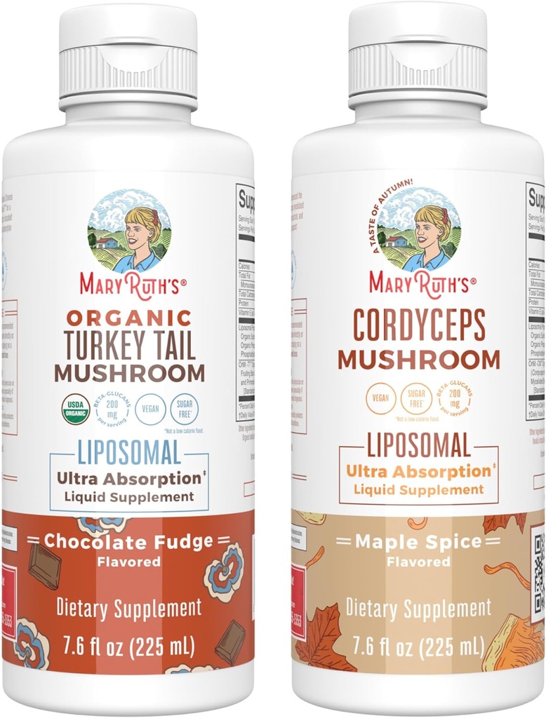 MaryRuth Organics Mushroom Liposomals: Türkiye Tail (Chocolate Fudge) & Cordyceps (Maple) | Clean Label Project  Valid® | Immunity, Energy, & General Health | Vegan, Non-GMO, Gluten Free