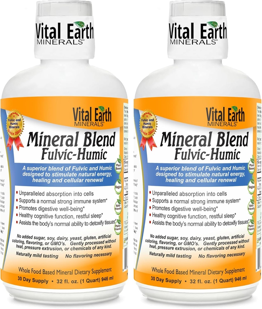 Vital Earth Minerals Fulvic Humic Mineral 2Pack - Fulvic Acid Supplement with 70+ Trace Minerals, Electrolytes for Recovery, Balance & Energy, 32 Oz Ea + 1 Oz Cup Ea