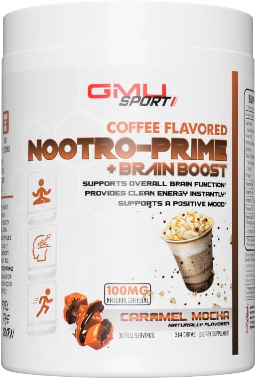 GMU SPORT Nootro-Prime Brain Boost - Focus Brain Supplement - Mushroom Toz Supplement with Alfa GPC, Nootropic Brain Supplements for Memory and Focus with Lions Mane, 30 Services, Caramel Mocha
