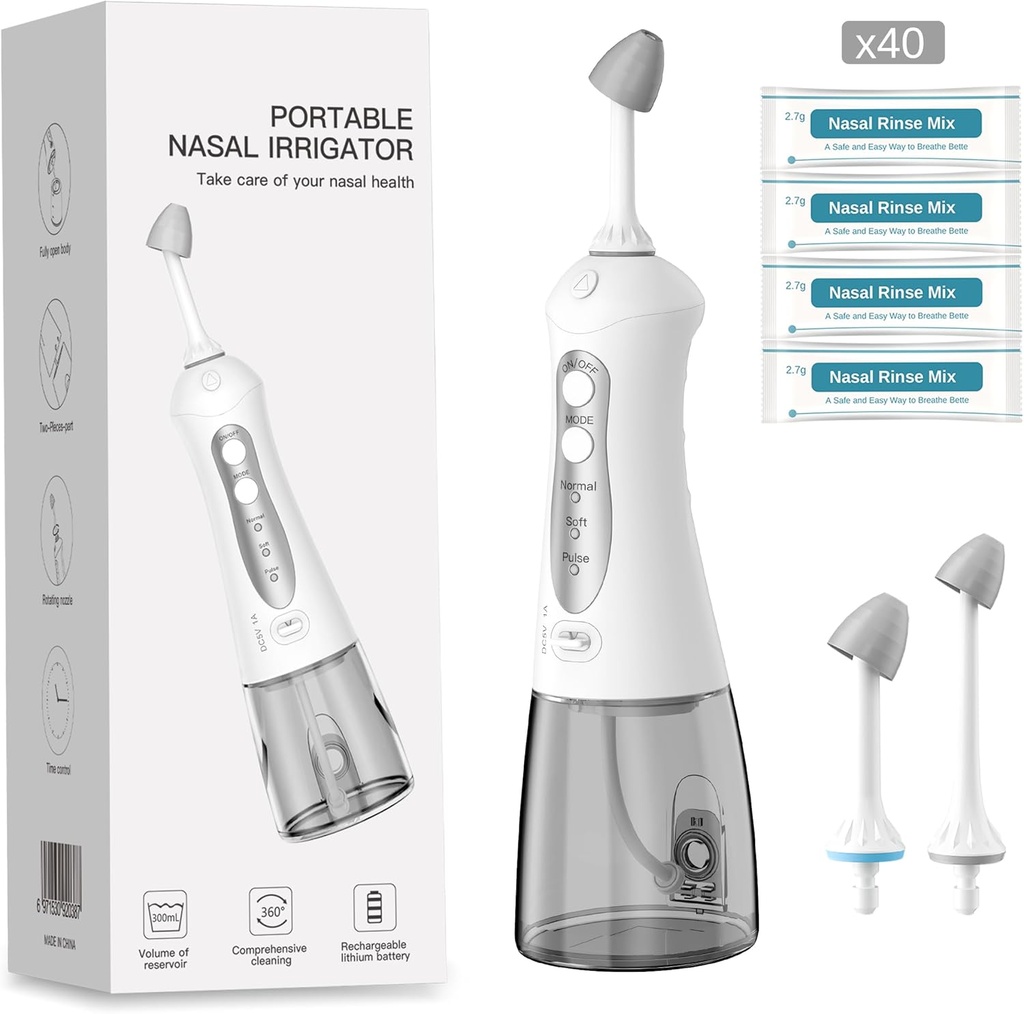 Şansın Nasal Irrigation System, Nasal Rinse Machine for Sinus Relief, 3 Basınç Sinus Rinse IPX7 Su Otomatik Neti Pot with 40 Saline Packets,300ML Large Tank for Travel and Home