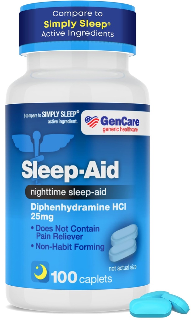 GenCare - Sleep Aid Diphenhydramine HCL 25mg Blue Caps (100 Caplets) - Yetişkinler için Nighttime Uyku Pills'ı Fall Asleep Faster & Sleep Deeper Through The Night - Sleep Aids