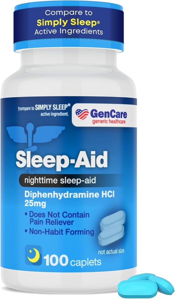 GenCare - Sleep Aid Diphenhydramine HCL 25mg Blue Caps (100 Caplets) - Yetişkinler için Nighttime Uyku Pills'ı Fall Asleep Faster & Sleep Deeper Through The Night - Sleep Aids