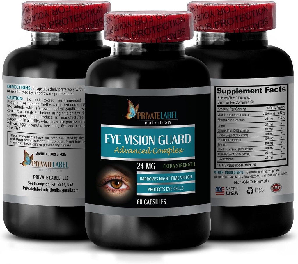 Lutein ile Vizyon - Eye Vision Guard 24 MG - Gelişmiş Kompleksi, Eye Vision Support, Lutein Supplements, Vitamin A Supplement, Turmeric Extract, Bilberry Extract, Taurine, 1 Bot 60 Capsules