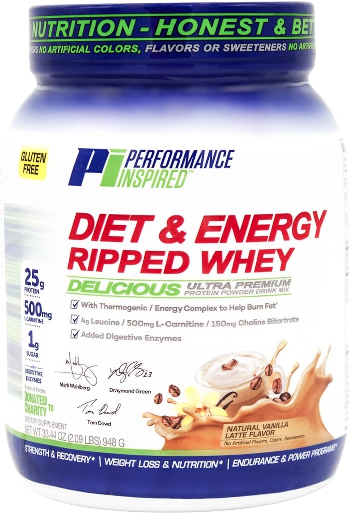 Performance Inspired Diet & Energy Whey Protein – 25G Clean Protein – L-Καρνιτίνη & Λευκίνη – Digestive Enzymes – Πράσινο εκχύλισμα τσαγιού – Χωρίς γλουτένη – 1g Ζάχαρη – Βανίλια Λάτε – 2.4 lb