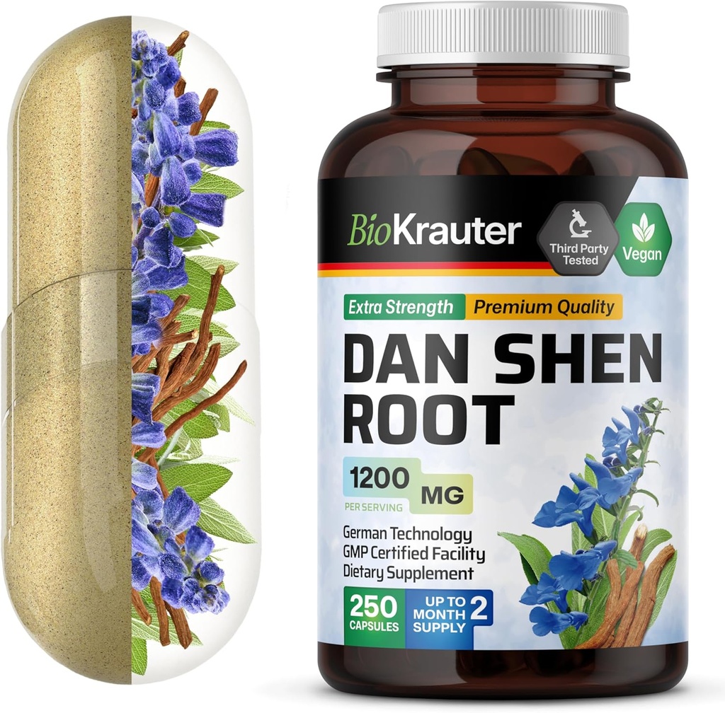 BIO KRAUTER Dan Shen Root Capsules - 1200 mg Strength - 250 Red Sage Caps - Antioksi Kaynağı - Salvia Miltiorrhiza Root - Vegan