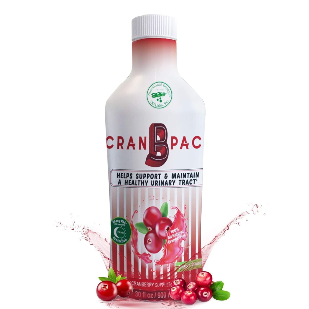 Beslenme Tasarımları Cran-B-PAC Cranberry Supplement, UTI Önleme, Urinary Tract Health for Women Cranberry Inter Liquid with Vitamins, Natural & Non GMO, 36 mg PAC Per oz, 30 Oz Şişe Şişe