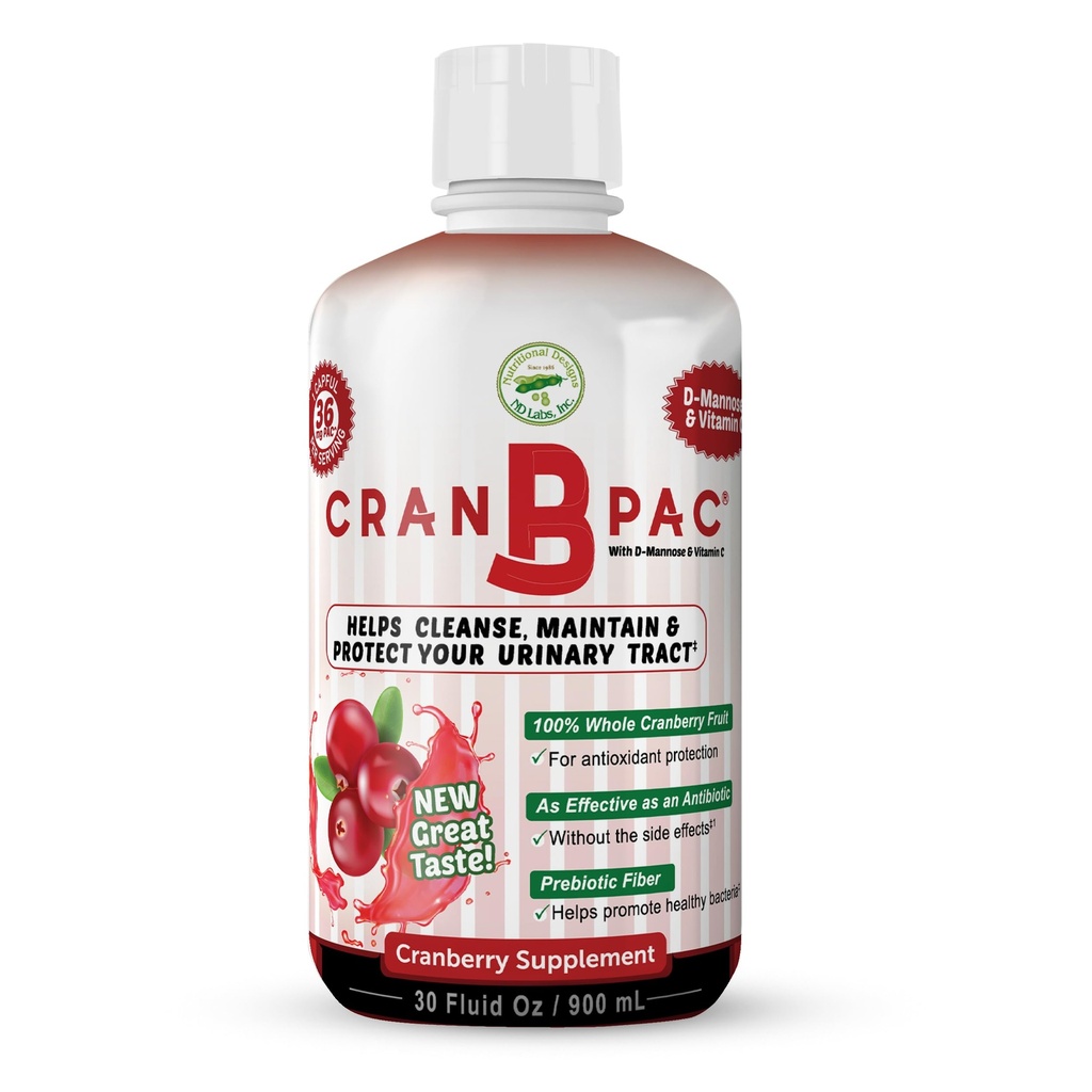 Beslenme Tasarımları Cran-B-PAC Cranberry Supplement, UTI Önleme, Urinary Tract Health for Women Cranberry Inter Liquid with Vitamins, Natural & Non GMO, 36 mg PAC Per oz, 30 Oz Şişe Şişe