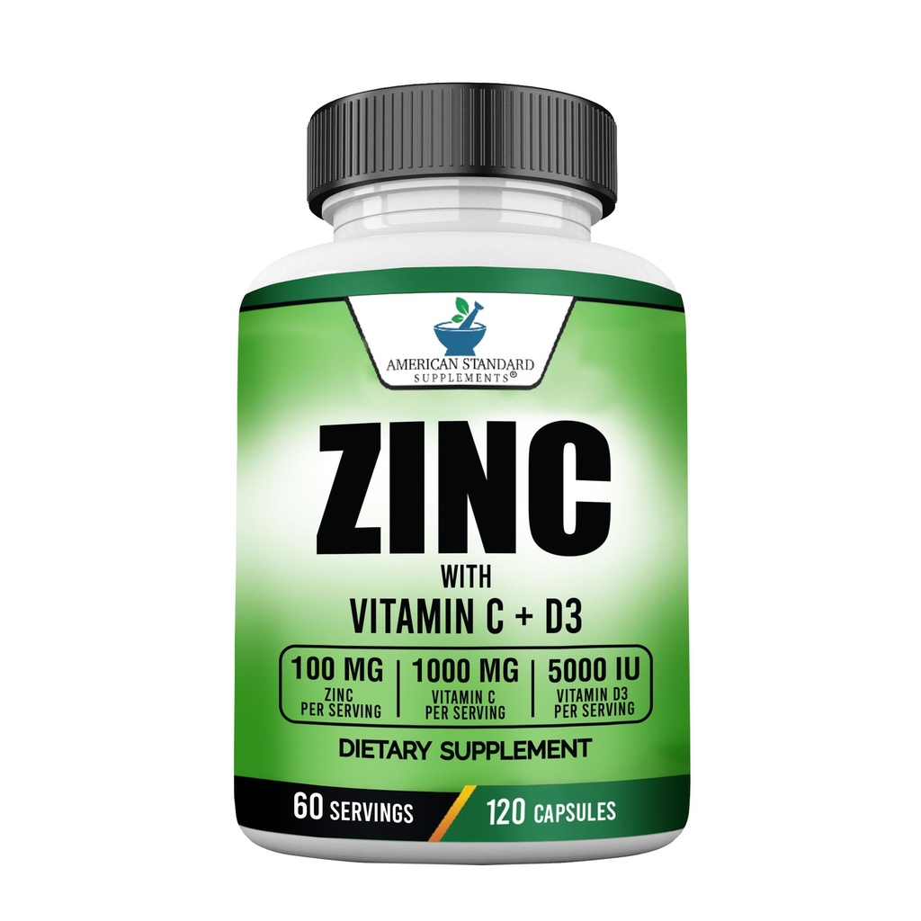 Amerikan Standart Supplements çinko 100 mg, C 1000 mg ve D3 5000 IU (125mcg) Sürekli - Gluten Free, Non-GMO, 120 Capsules, 60 Hizmetler