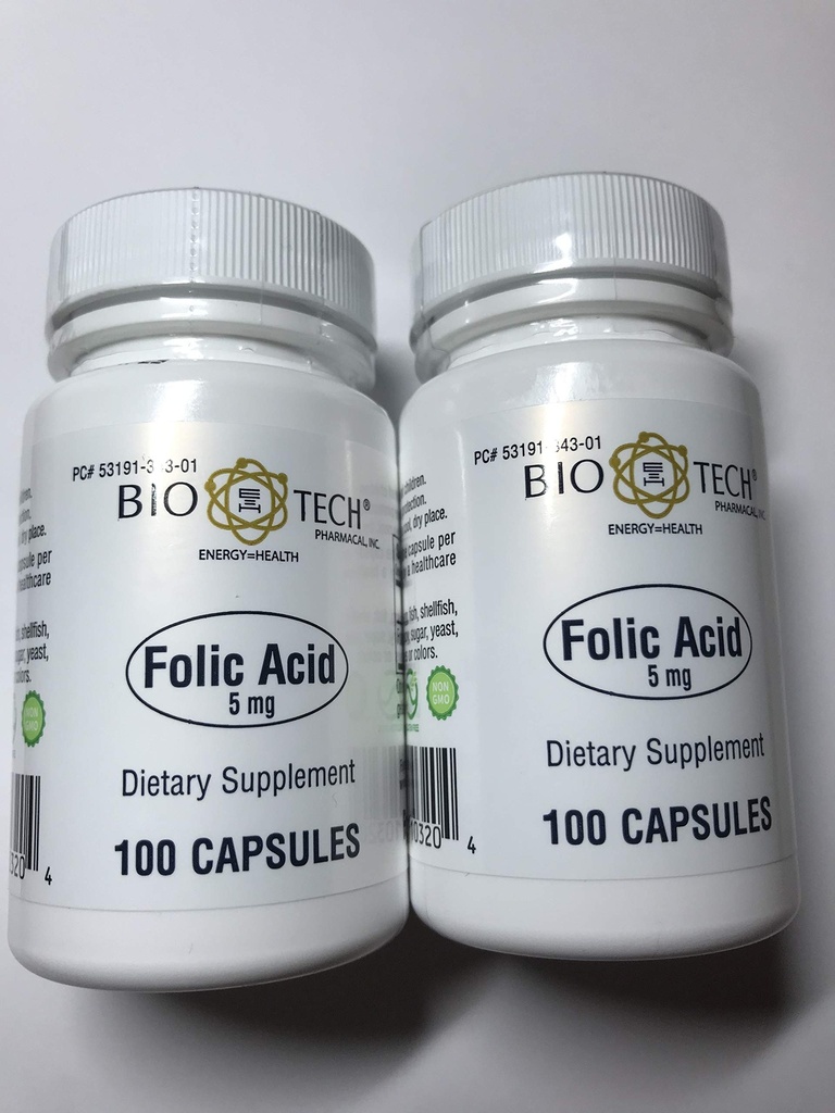 Folic Acid 5 mg - BioTech Pharmacal - 100 Capsules - 2 Paket