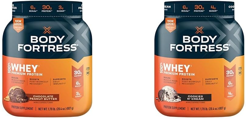 Body Fortress 100% Whey Premium Protein Toz Chocolate Peanut Butter ve Kurabiyeler N' Cream, 1.78lbs Her Şey