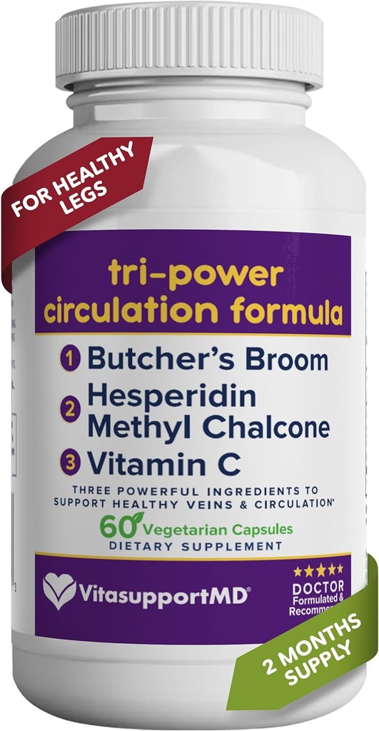 Tri-Power Circulation Formula - Circulation Supplement with Butcher's Broom, Hesperidin Torch Chalcone ve C, 60 Capsules, for Blood and Leg Circulation, Vein Health Support