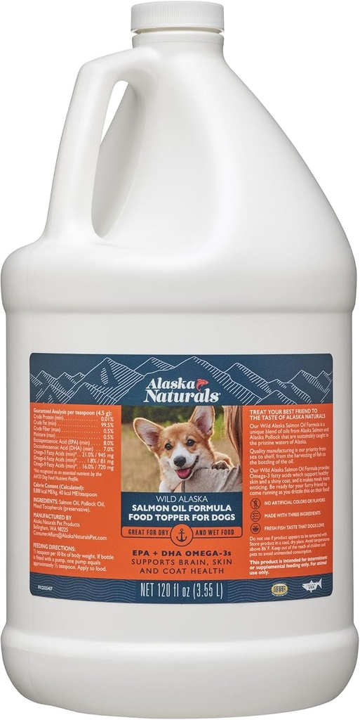 Wild Alaskan Salmon Fish Oil for Dogs Skin and Coat - EPA + DHA Omega 3 Oil - Fatty Acids Dog Supplements - Support Fur Coat and Brain Health - Natural Liquid Food Topper for Pets – 120 oz.