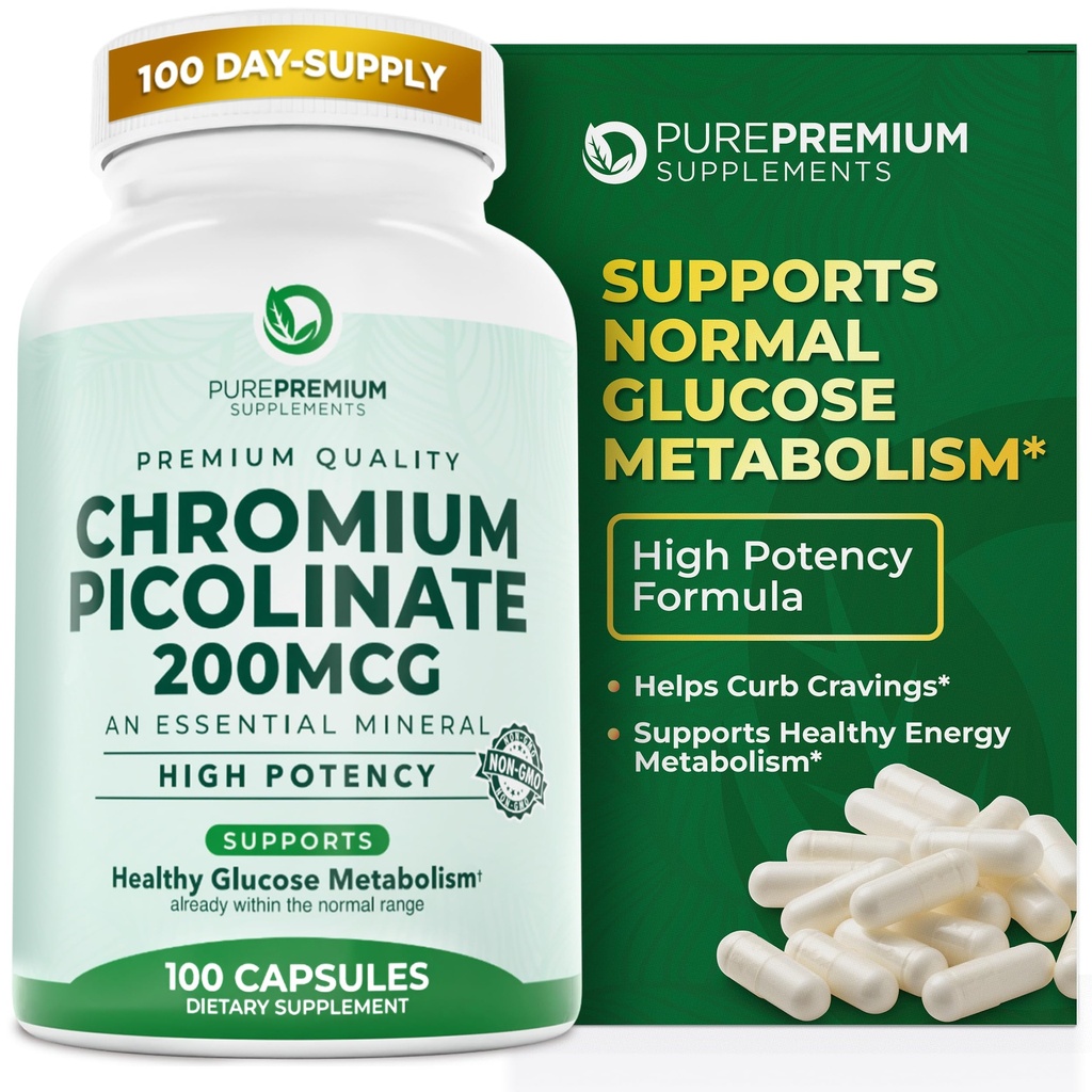 PurePremium Chromium Picolinate 200mcg - Υψηλής ισχύος συμπληρώματα Chromium - Βασική Ορυκτή Υγεία Υποστήριξη για άνδρες / γυναίκες - Χωρίς γλουτένη - 3 Μήνες Προμήθεια - 100 Κάψουλες