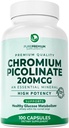 PurePremium Chromium Picolinate 200mcg - High Potency Chromium Supplements - Essential Mineral Health Support for Men/Women - Gluten-Free - 3 Months Supply - 100 Capsules