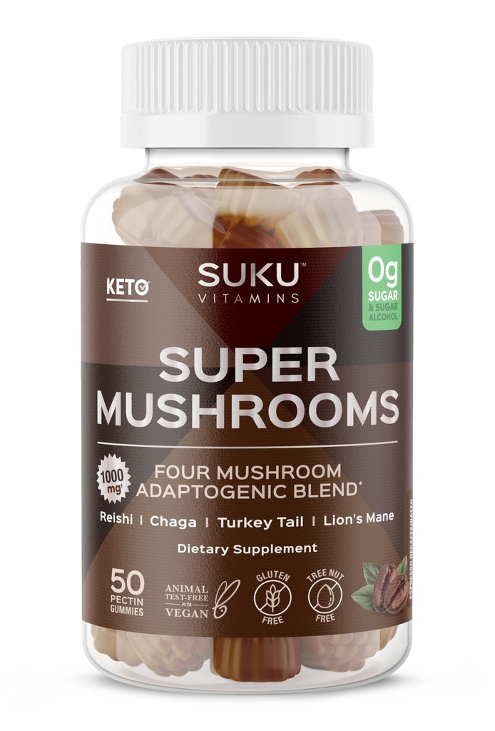 SUKU Vitaminleri - Super Mushroom -Reishi Chaga, Türkiye Tail & Lions Mane pla Gummies for Immunity - Easy to Chew - Non GMO, Gluten Sugar Free - Espresso Decaffein Counted Gummy