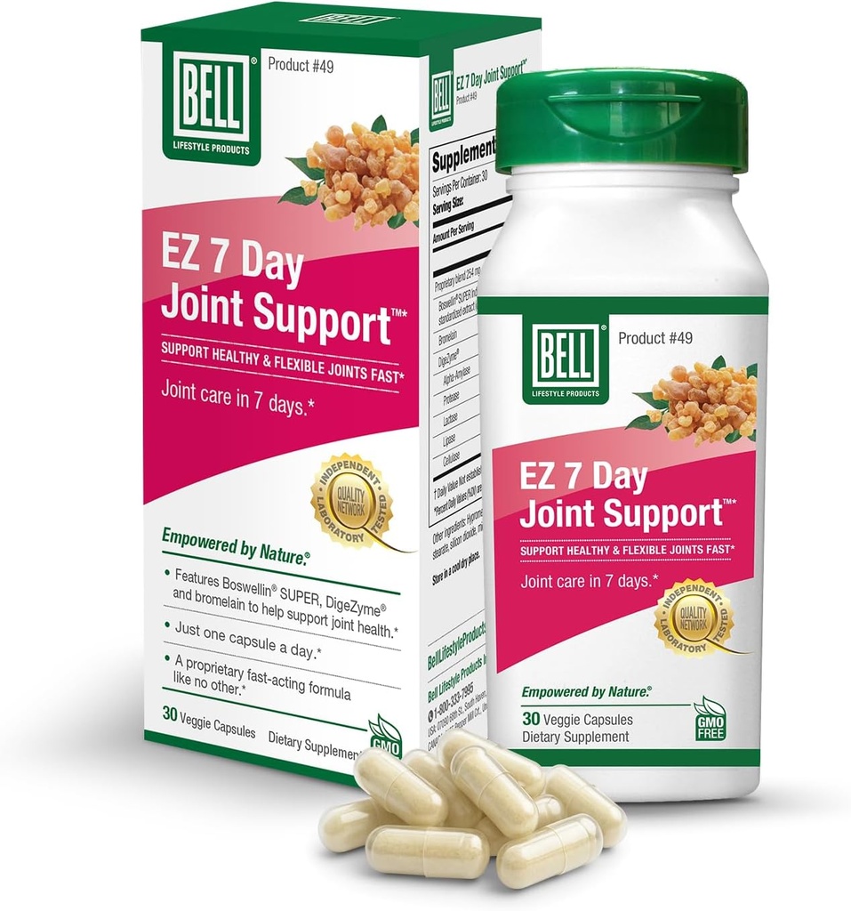 Bell EZ 7 Gün Ortak Destek TM -Fast-Acting, Once-Daily Joint Health Supplement – Helps Relieve Diz Ağrı, Swelling & Supports Kas Recovery – Vegan – 30 Capsules