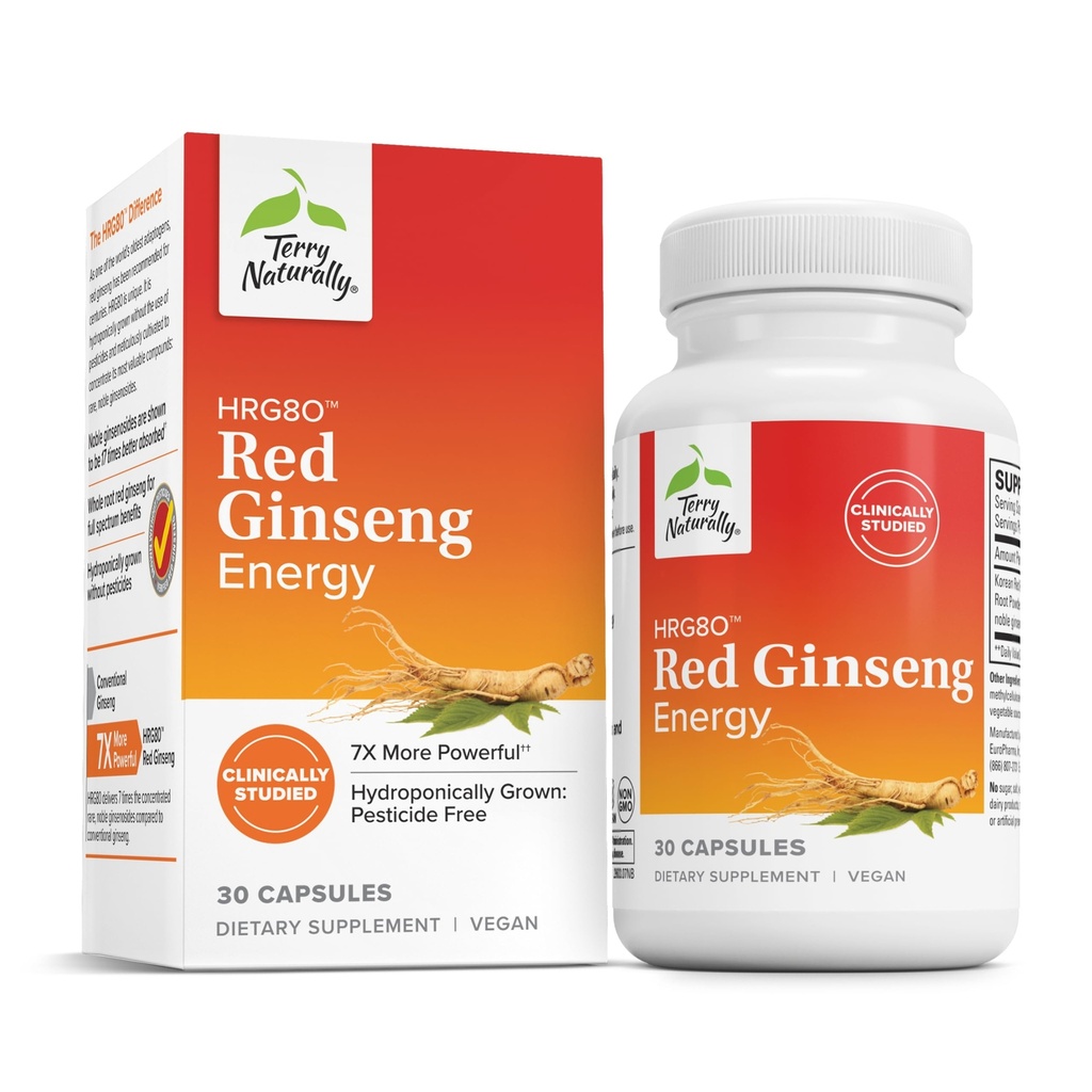 Terry Naturally HRG80 Red Ginseng Energy - Supplement to Support Healthy Energy & Focus - Herbal Supplement with Korean Red Ginseng Root Powder - Vegan Tablets to Aid Healthy Endurance - 30 Capsules