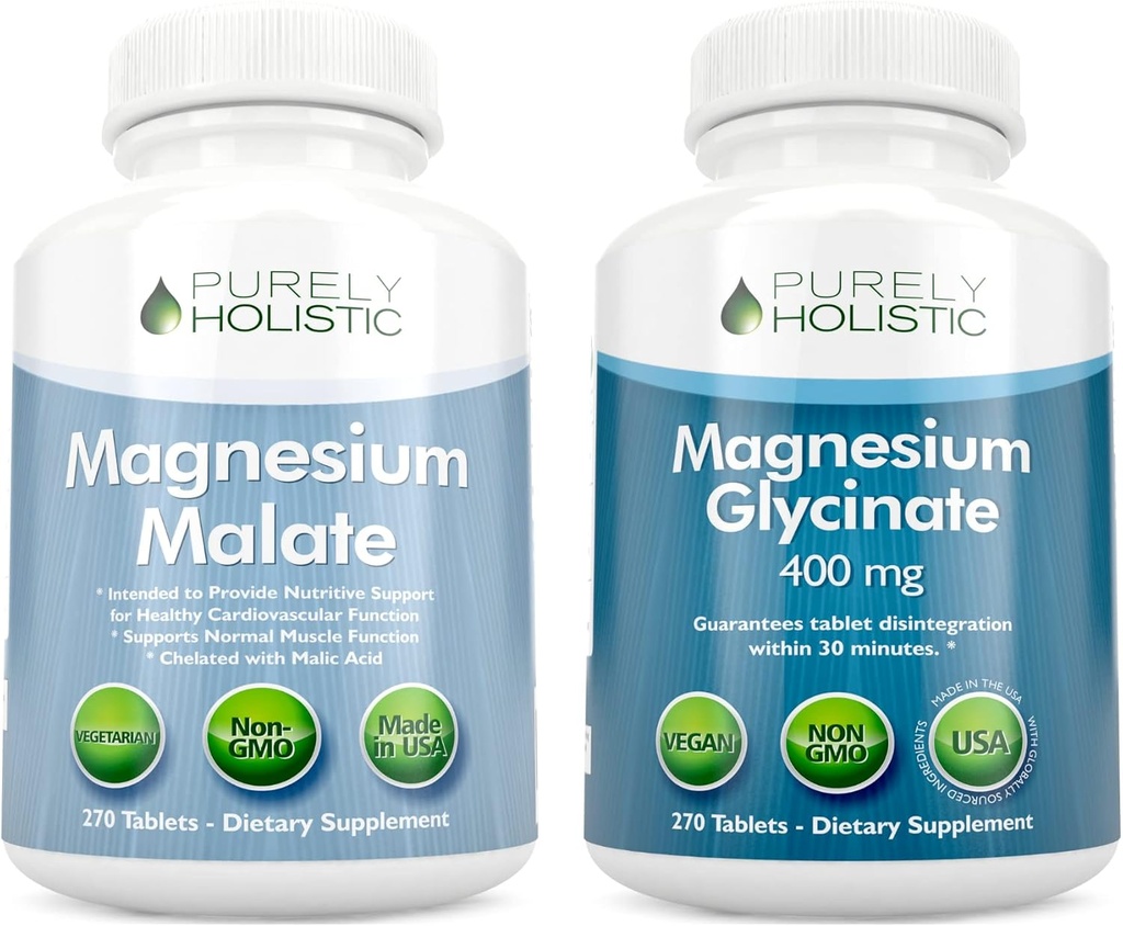 Μαγνήσιο Μηλεϊκό 400mg + Γλυκινικό μαγνήσιο 400mg - Υψηλή Απορρόφηση & Πολύ Βιοδιαθέσιμο δέμα - 270 + 270 χορτοφαγικά δισκία