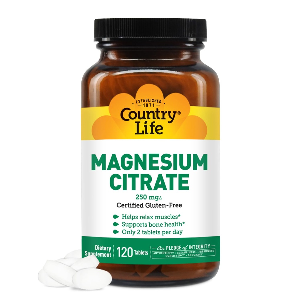 Country Life Life Magnezyum Citrate 250 mg - 120 Tablet - Destekler Kas & Nerve Function, Heart Rhythm, Sağlıklı Immune System, Energy Production - Magnezyum Kompleksi Tamamlayıcı