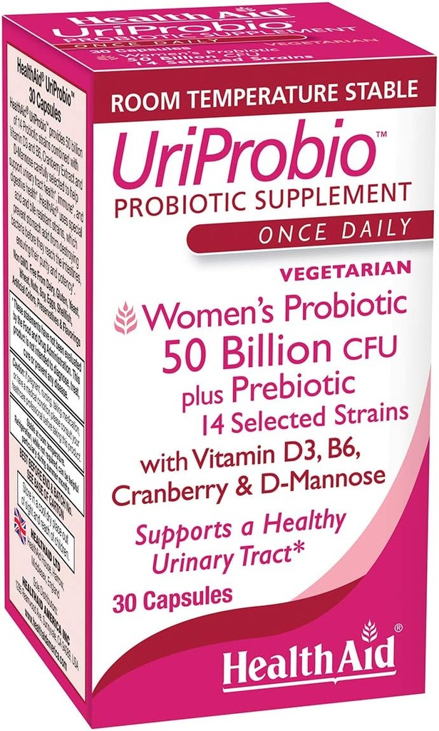 SağlıkAid UriProbio - 50 Milyar CFU Kadın Probiyotik Prebiyotik, Cranberry, D-Mannose, Vitamin D3 & B6 | Destekler Urinary Tract & Digestive Wellness, Asit & Bile Dayanıklı, Vegan