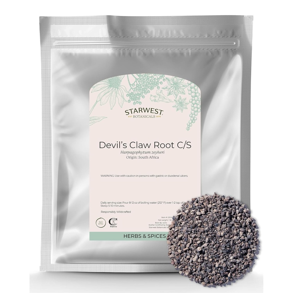 Starwest Botanicals Devil's Claw Root - Tea & Natural Herbal Mixs, Pure Devil's Claw Root, Cut & Sifted, Wildcrafted, Sertifikalı Kosher - Bulk 1 lb Bag Bag