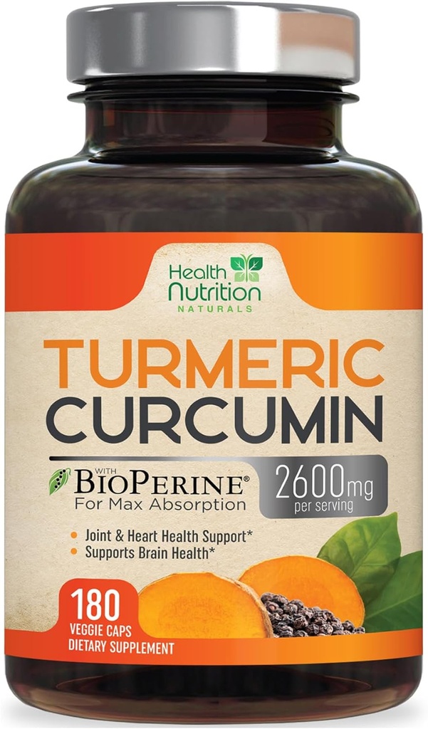 Turmeric Curcumin Supplement 2600 mg -% 95 Curcuminoids with Organic Turmeric & BioPerine Black Pepper for Best Abpole, Nature's Vegan Ortak Destek, ABD'de Şişelenmiş - 180 Capsules