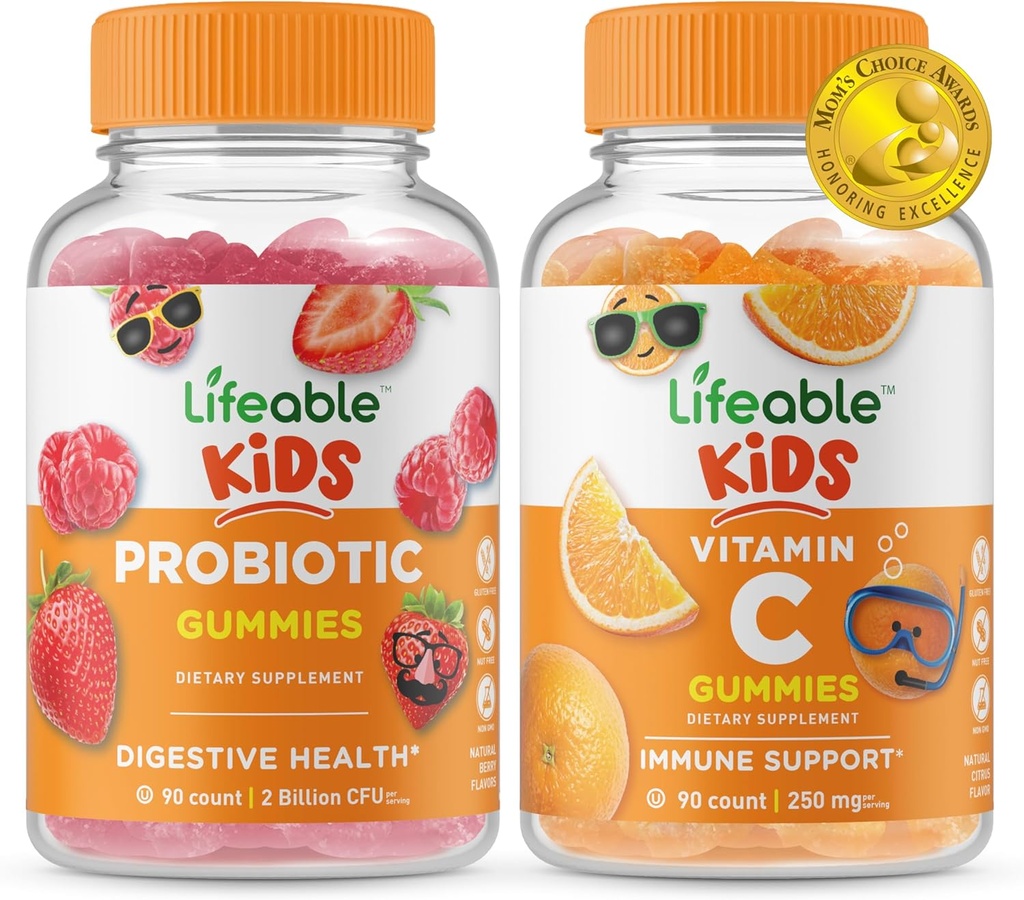Lifeable Probiotic 2 Billion CFU Kids + Vitamin C Kids, Gummies Bundle - Great Tasting, Vitamin Supplement, Gluten Free, GMO Free, Chewable Gummy
