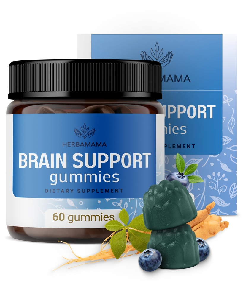 HERBAMAMA Beyin Gummies – Ashwagandha, Bacopa Monnieri, C & B12 - Vegan, Non-GMO Calming Gummies – 60 Pectin-Based Blueberry-Flavored Chews