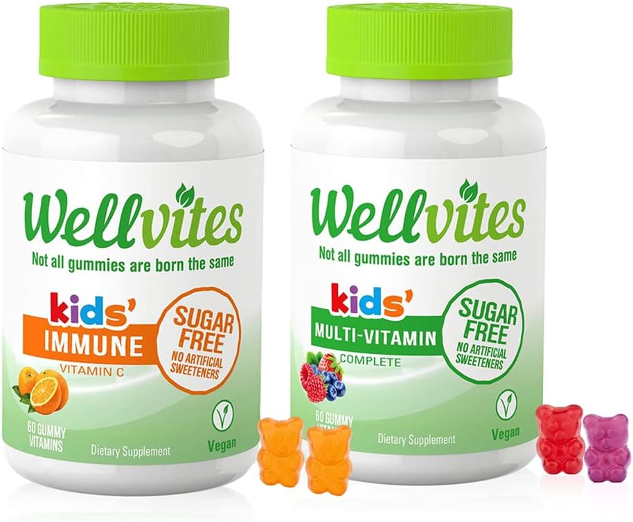 Wellvites Kids Multivitamin & Immune Daily Gummies Sche - Sugar Free, Vegan, Non-GMO - Çocuklar için Vitaminler - Çocuklar için C vitamini Immune Desteği - Yapay Sweeteners - 60 Count