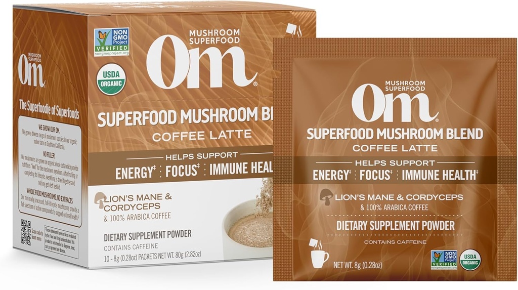 Om Mushroom Superfood Coffee Latte Mix Mushroom Toz, Single Serve, 10 Kont, Lion's Mane, Cordyceps, Reishi, Chaga, Energy & Spiritty Support Supplement