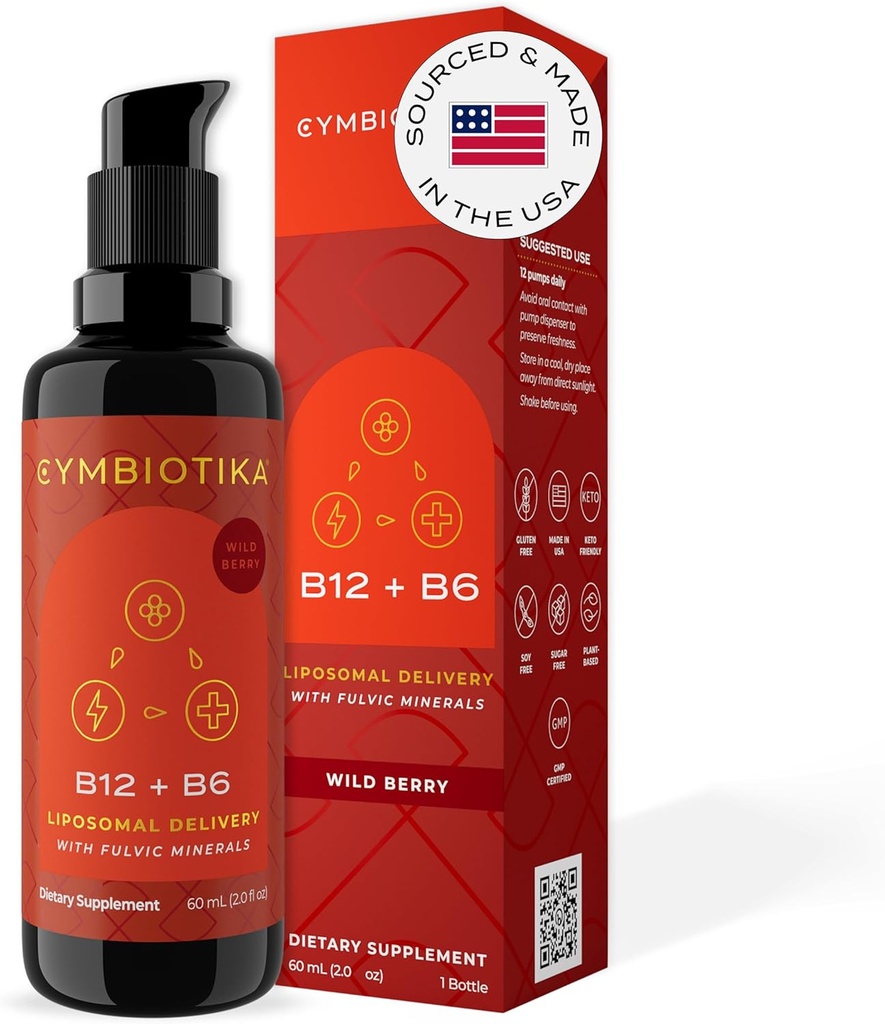 CYMBIOTIKA Liposomal Vitamin B12 Liquid Supplement, 1250 mcg, Υποστηρίζει την ενέργεια, την παραγωγή κυττάρων, βοηθά στην ενίσχυση των μαλλιών, δέρμα & νύχια, μη-GMO, χωρίς γλουτένη, χωρίς ζάχαρη, Keto & Vegan φιλικό, 2 oz