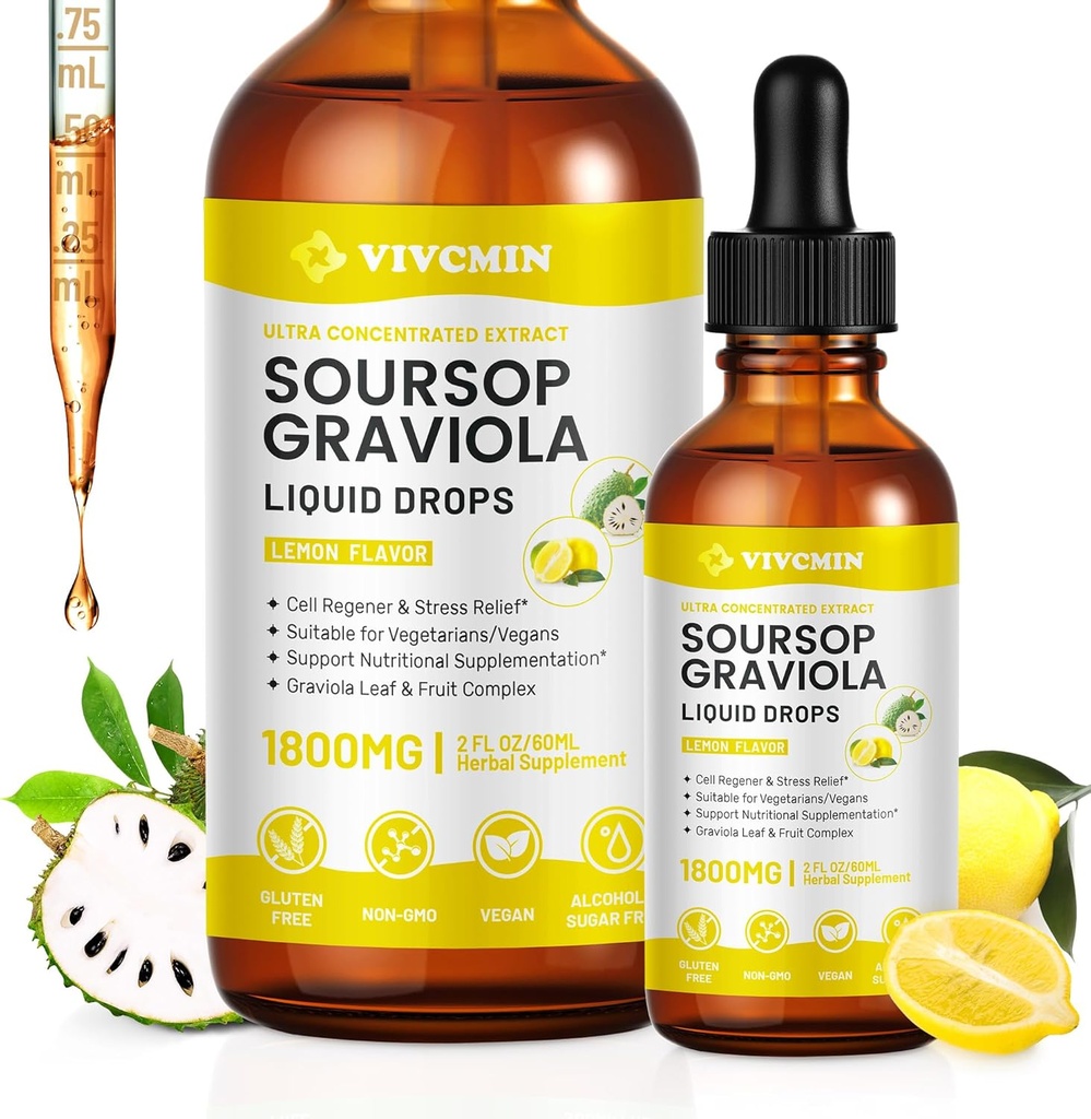 Graviola Soursop Broşürü Sıvı - Soursop Bitters Sıvı, Destek Immune, Relax, Liver ve Sleep, Sugar & Alkol-Free, Highly Absorbable Formula, Lemon Flavor, 2 Fl Oz