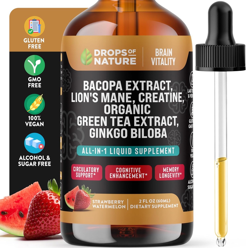 Aslan'ın Mane, Green Tea & Ginkgo Biloba - Gummies & Pills'tan Daha Hızlıca Absorbing - Vegan Tamamlanmış Focus & Cognition (Strawberry Watermelon, 60mL)