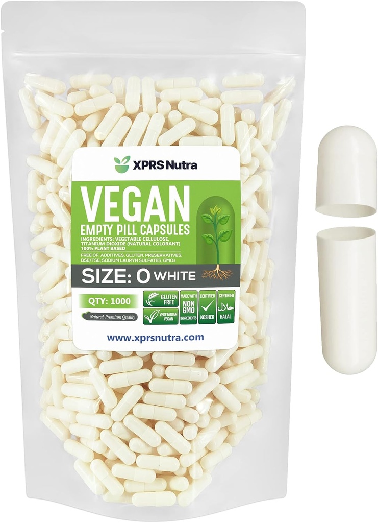 XPRS Nutra Μέγεθος 0 Κενές κάψουλες - 1000 Κάψουλες Vegan - Χορτοφαγικά Χάπια - DIY Καψάκιο Γέμισμα λαχανικών - Veggie Χάπια Καπάκια για Do-It-Yourself Συμπληρώματα (Λευκά)
