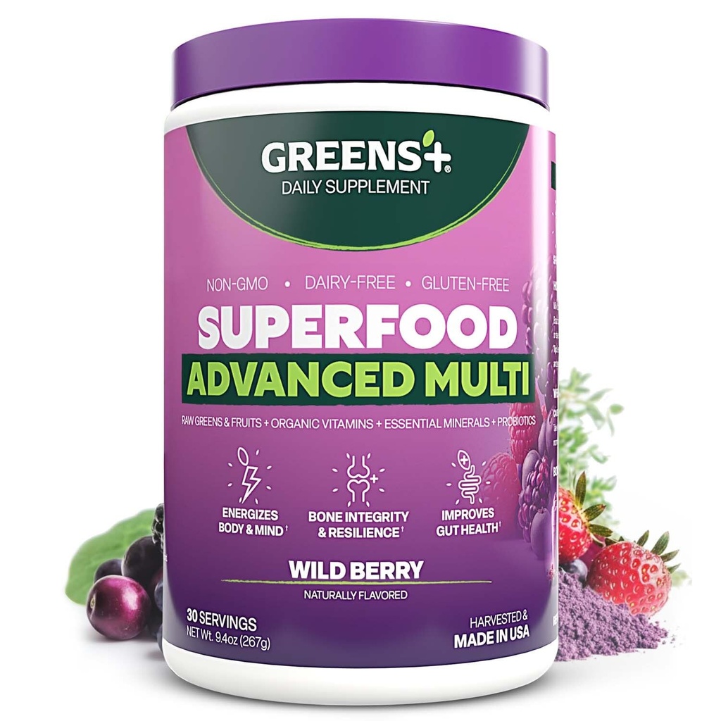 Πράσινοι+ Advanced Multi Wild Berry Superfood Powder, Organic Blend, Vegan, Μη ΓΤΟ, Χωρίς σόγια, Χωρίς γαλακτοκομικά, Χωρίς γλουτένη, Συμπλήρωμα διατροφής με Βιταμίνες & Ορυκτά, 9,4 oz
