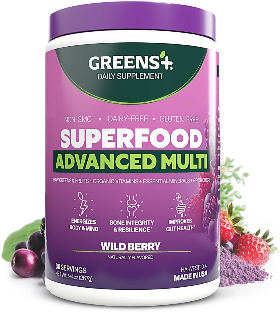 Yeşiller+ Gelişmiş Multi Wild Berry Superfood Toz, Organik Mix, Vegan, Non-GMO, Soy-Free, Dairy-Free, Gluten-Free, Diyetary Supplement with Vitamins & Minerals, 9.4 ozz