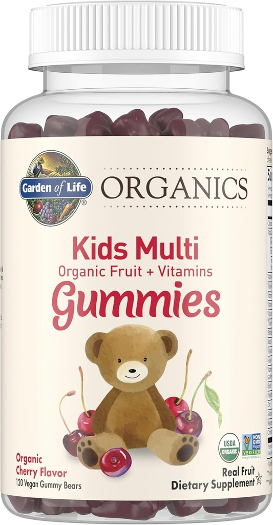 Life Organics Kids Gummy Vitamins, Sertifikalı Organik, Non-GMO & Vegan Tamam Çocuk - B12, C & D3 Gluten, Soy & Dairy Free Real Fruit Chew Gummies, Multi, Cherry, 120 Count