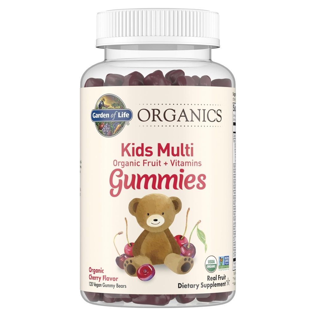 Life Organics Kids Gummy Vitamins, Sertifikalı Organik, Non-GMO & Vegan Tamam Çocuk - B12, C & D3 Gluten, Soy & Dairy Free Real Fruit Chew Gummies, Multi, Cherry, 120 Count