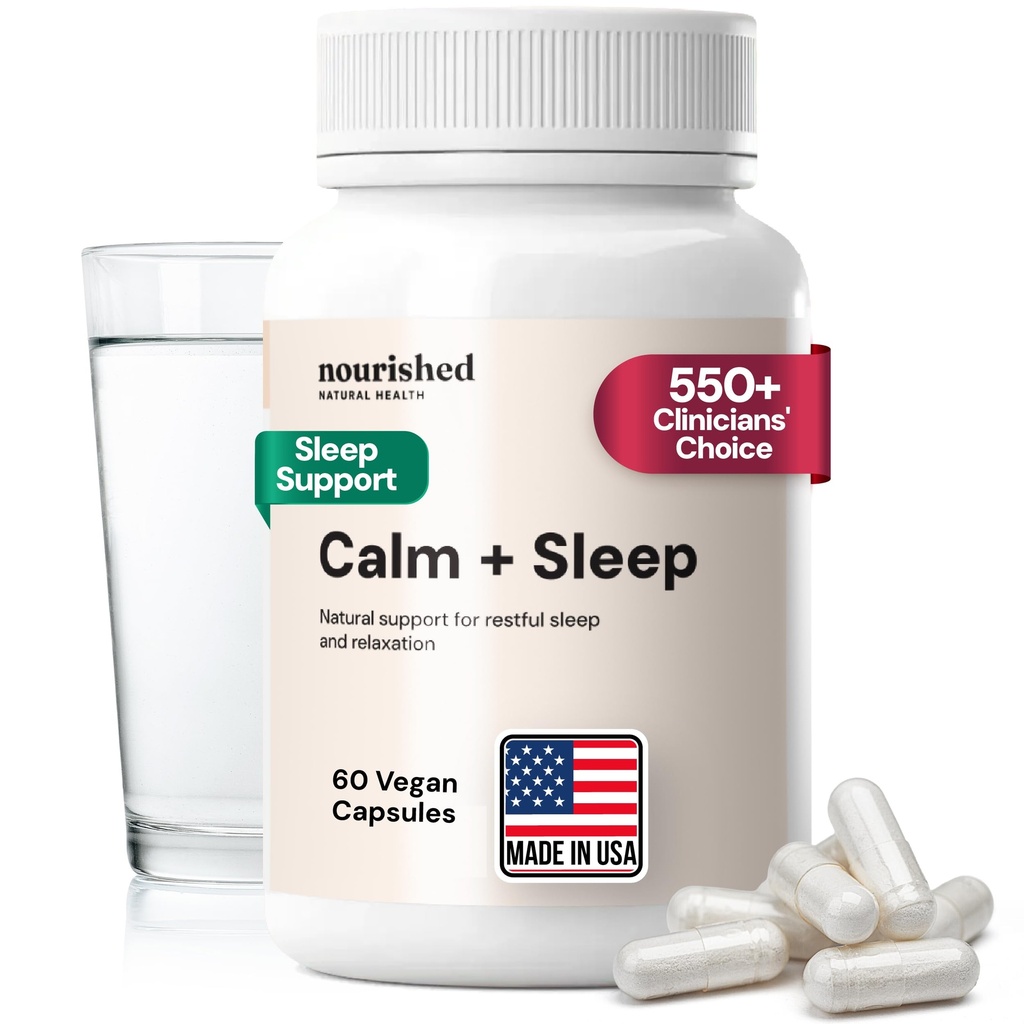 Nourished Natural - Calm + Sleep Capsules for Deep Rest & Relaxation with Ashwagandha, Chamomile, Tart Cherry Extract, Passionflower, L-theanine, & Magnezyum - 60 Capsules