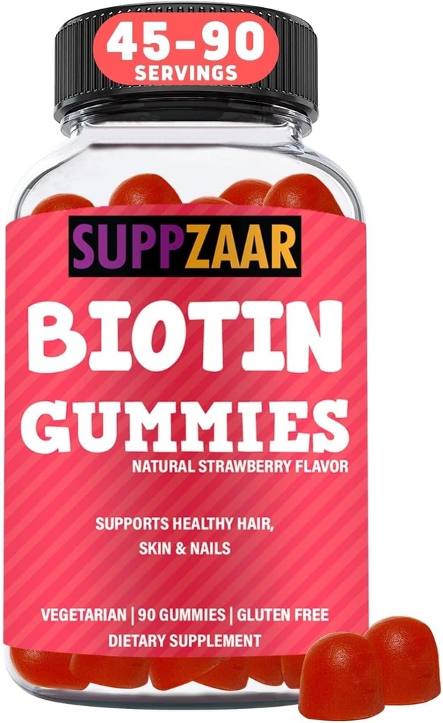 Vegan Biotin Gummies - Kadınlar ve Erkekler için Saç Büyümesi için Vitaminler - Saç Skin ve Nails - Strawberry Flavor Gummy Vitamins - Non-GMO, Gelatin & Gluten-Free, 90 Gummies - SUPPZAAR