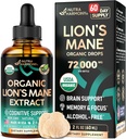 Lions Mane Liquid - USDA Sertifikalı Organik Aslanlar Mane Supplement - Beyin Desteği, Enerji, Hafıza ve Oda - Şeker & Alkol Özgür Aslan'ın Mane Mushroom 72,000 mg / Şişe, 2 Fl OZ, 2 Ay Supply, 2