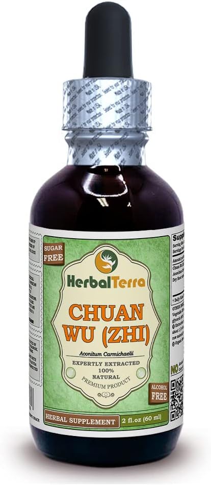 Chuan Wu (Zhi) (Aconitum carmichaelii) Glycerite, kuru Hazırlanmış Kökler Alkol Özgür Tasdi (Brand Name: HerbalTerra, Proudly Made in USA) 2 fl.oz (60 ml)