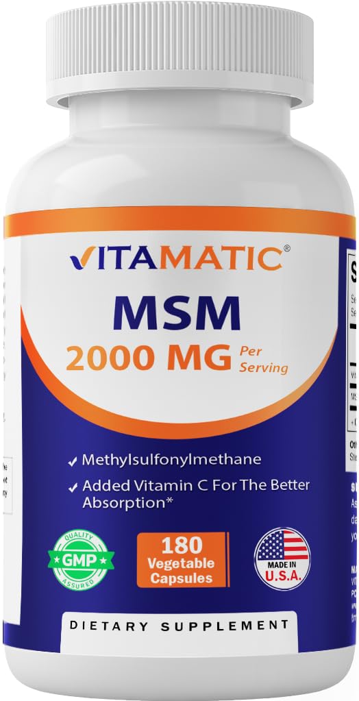 Vitamatic MSM 2000 mg in Vitamin C 75 mg per Service - 180 Veg Capsules - MSM Daha İyi absopriton (Methylsulfonylmethane) - Non-GMO & Gluten Free