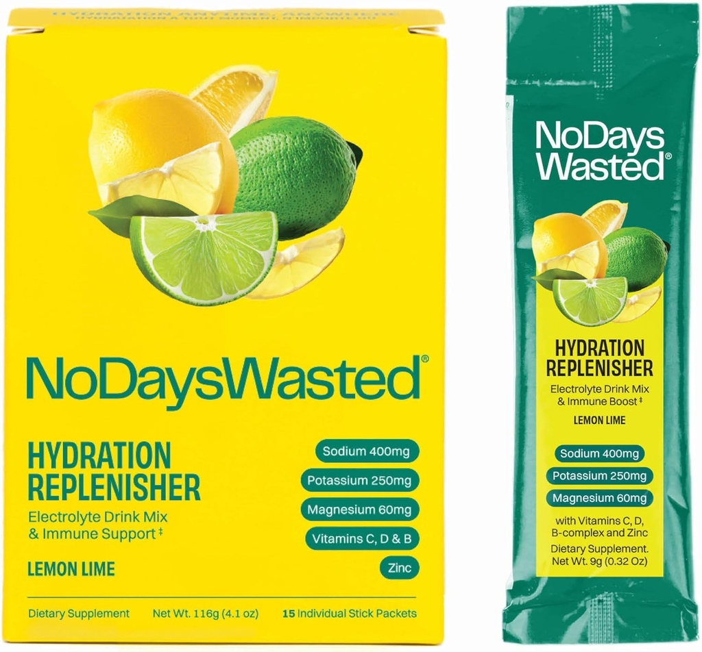 No Days Wasteed Hydration Replenisher 15 Count - Ηλεκτρολύτης Powder Drink Mix - Λέμον Λάιμ - Νάτριο και Κάλιο για την ενυδάτωση Plus Βιταμίνες για την υποστήριξη (15 Count)
