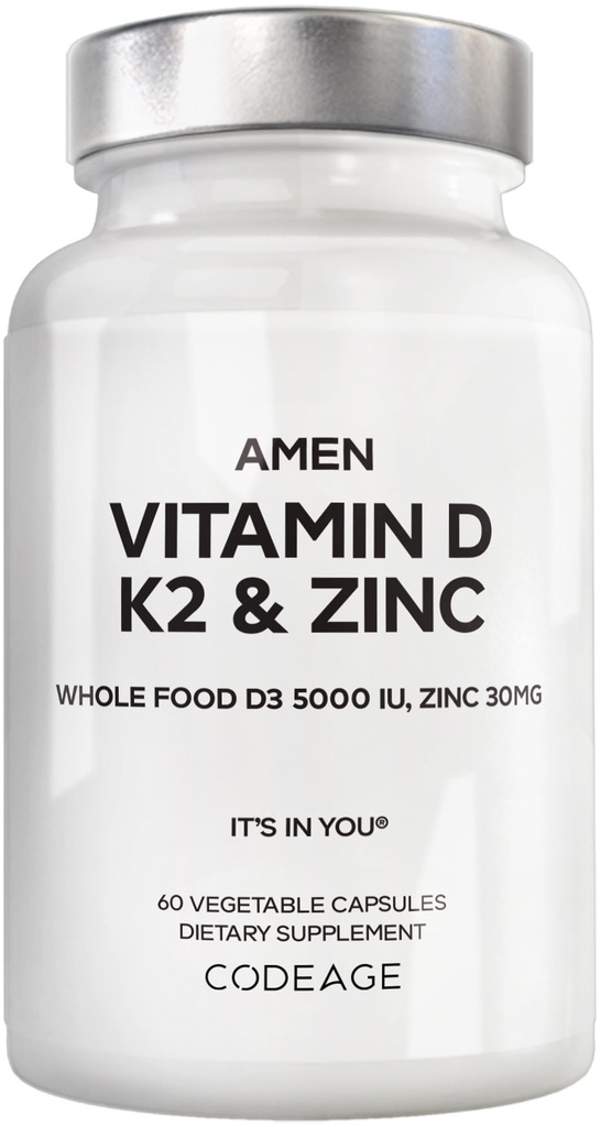 Amen Βιταμίνη D, K2 & Ψευδάργυρος, Χοληκαλσιφερόλη D3 5000 IU, Βιολογική Ολόκληρη Τροφική Μείξη με Μήλο, Βατόμουρο, Βατόμουρο, Καρποί με Σμέουρο, Συμπλήρωμα Vegan, D3 K2 Βιταμίνες, Μη ΓΤΟ - 60 Κάψουλες