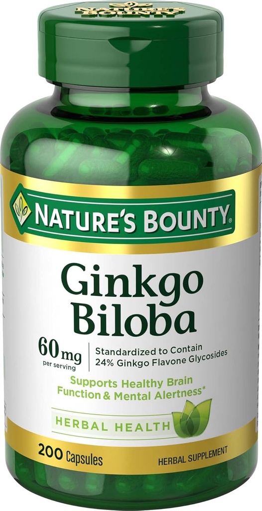 Nature's Bounty Ginkgo Biloba, Sağlıklı Beyin Fonksiyonlarını Destekliyor, Herbal Supplement, 60 Mg, 200 Capsules