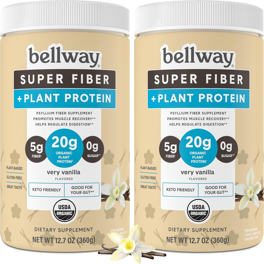 Bellway Super Fiber + Protein Toz (2 Pack), Sugar-Free Organik Psyllium Husk Fiber Supplement Toz 20g Plant Proteinleri Odada, Çok Vanilla, 24.14 ozz