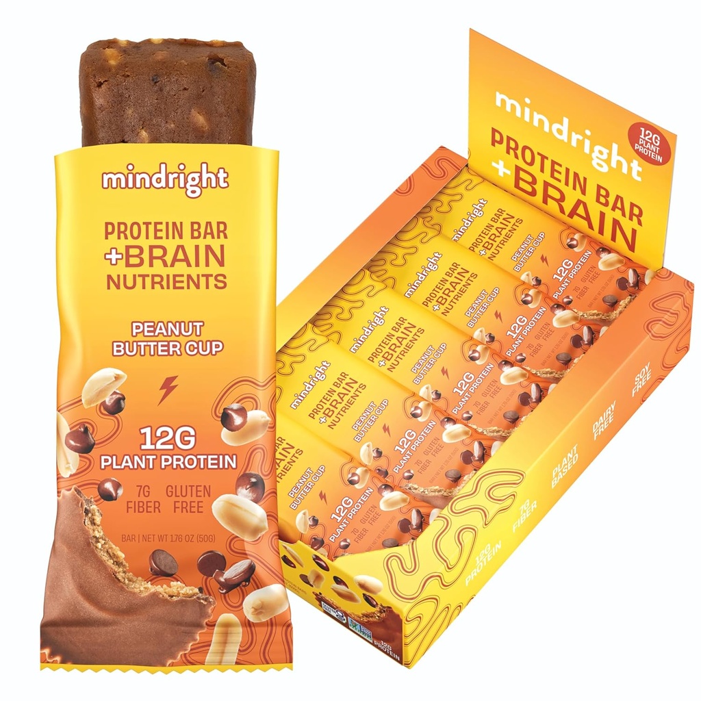Mindright Superfood Vegan protein Bar - Gluten Free, Non-Gmo, Low Sugar - Brain Food Snack to improve Mood, Energy, and Focus - Pack of 12 (Peanut Butter Cup)